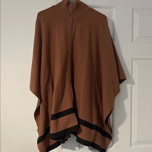 Flat White Camel Zip-Front Poncho with Brown Stripes